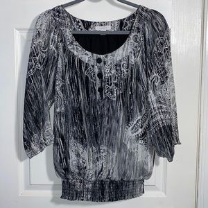 Dress Barn Women’s Black Silver White 3/4 Sleeve Sparkly Top Large